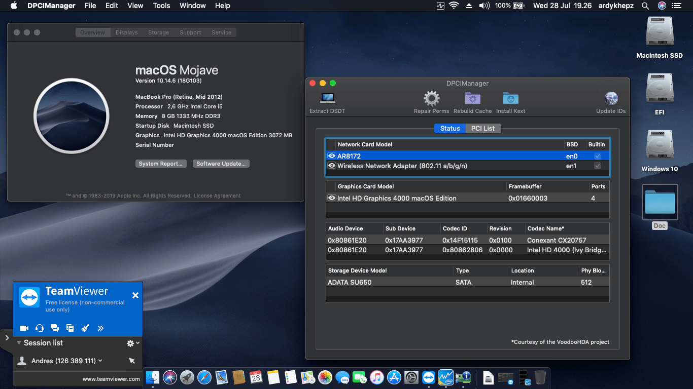 Success Hackintosh macOS Mojave 10.14.6 Build 18G103 in Lenovo G400S-20244